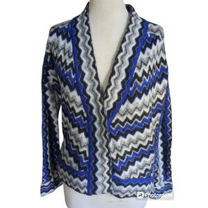 Size 2 Chico's wool mohair blue black zigzag one button women's Jacket #12